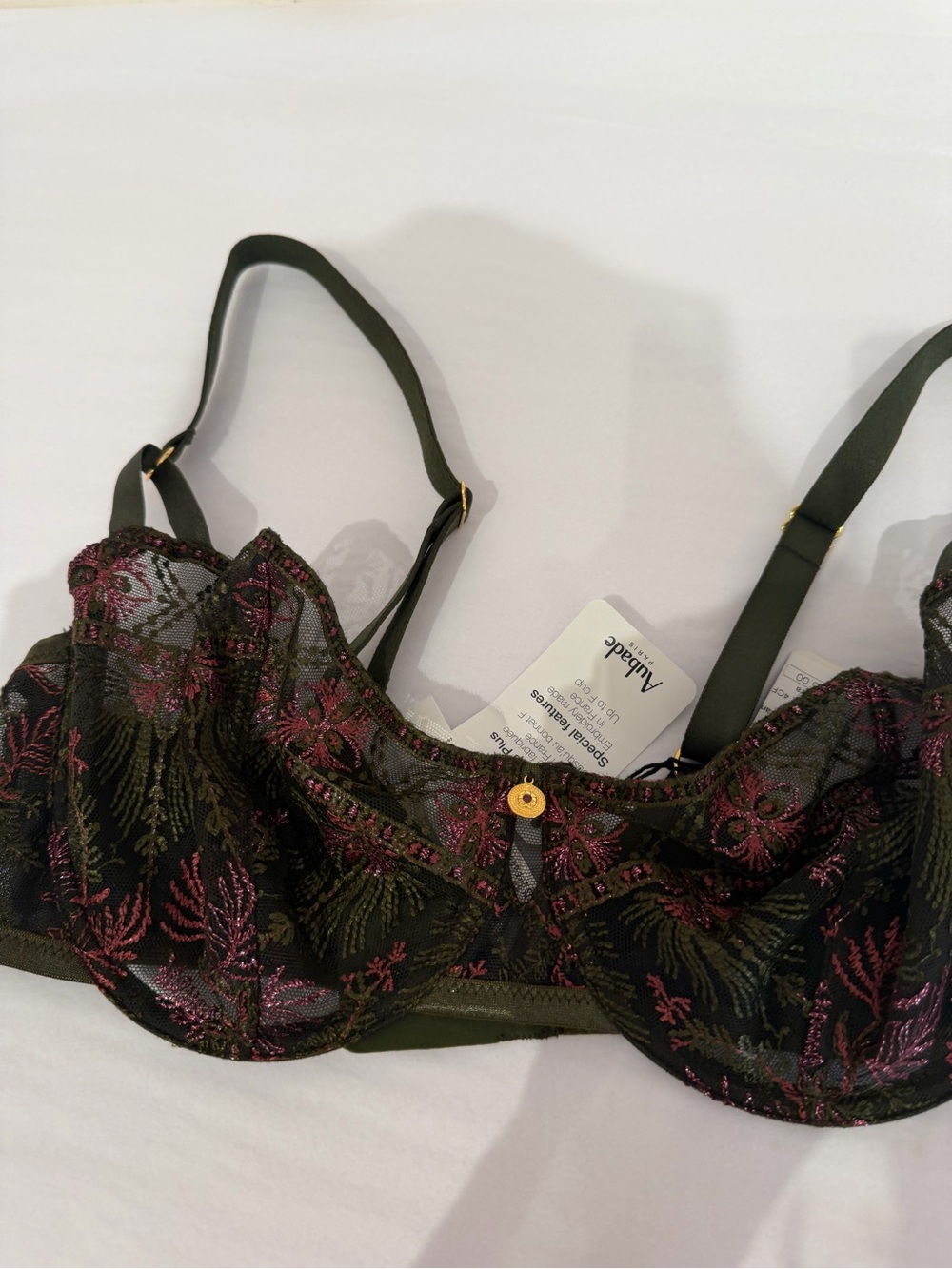 NWT Aubade sound heart  Olive Green  half cup Bra with Pink Floral Embroidery